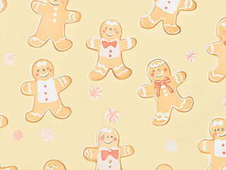 A festive pattern featuring gingerbread men on a light yellow background.