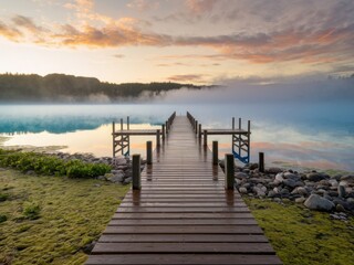 Fototapeta premium Serene Pier at Sunrise with Misty Lake and Vibrant Reflections