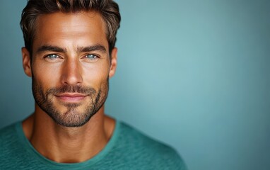 Fototapeta premium man with casual t-shirt is smiling at the camera, solid color background