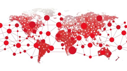 Create a digital illustration of a world map in a minimalist style with a white background. Place red radiating dots at various significant locations across