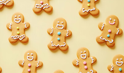 A colorful display of gingerbread cookies shaped like cheerful gingerbread men.