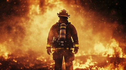 A firefighter standing triumphantly with flames and destruction in the background, symbolizing courage