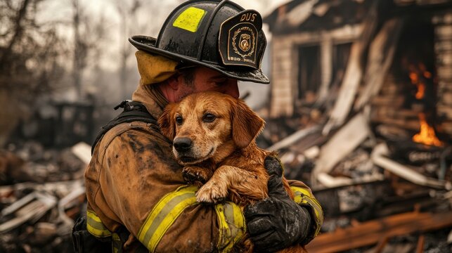 A firefighter holding a rescued dog amidst the aftermath of a house fire, with debris all around