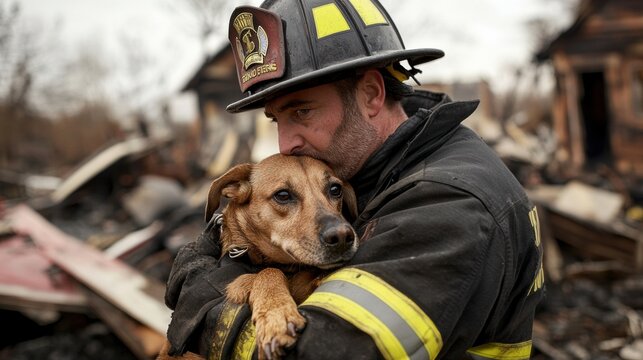 A firefighter holding a rescued dog amidst the aftermath of a house fire, with debris all around