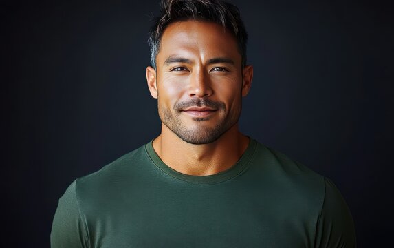 man with casual t-shirt is smiling at the camera, solid color background