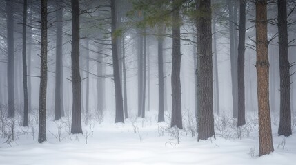 Fototapeta premium A foggy winter forest with snow-covered pines barely visible through the dense mist, evoking a hauntingly beautiful winter atmosphere