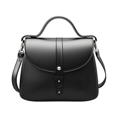 Black leather bag with a handle isolate on transparent background.