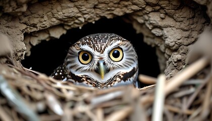 Burrowing owl nesting behavior in natural habitat wildlife photography close-up perspective nature conservation concept
