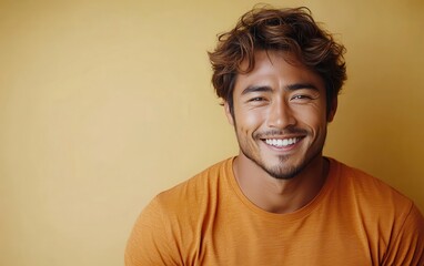 Fototapeta premium man with casual t-shirt is smiling at the camera, solid color background