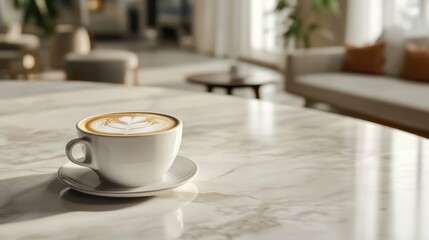 Fototapeta premium A freshly brewed cup of coffee on a marble table, with delicate latte art and a warm inviting atmosphere
