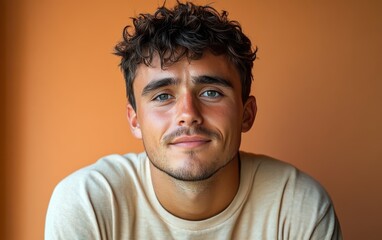 Fototapeta premium man with casual t-shirt is smiling at the camera, solid color background