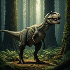 Tyrannosaurus rex with prehistoric landscape. High quality image. Ai generated.