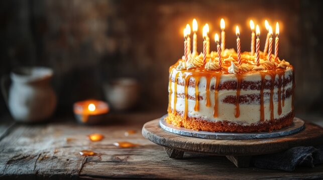 A frosted carrot cake with caramel drizzle and glowing candles, presented on a rustic wooden table