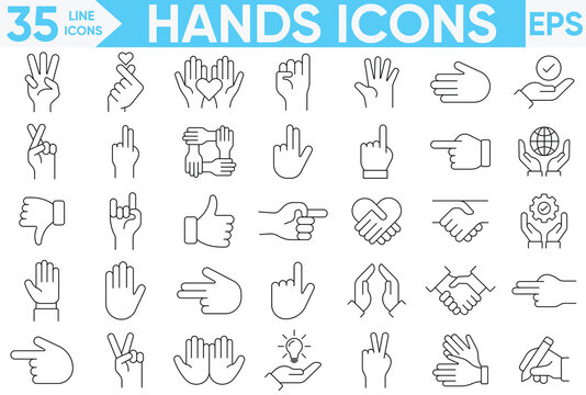 Hands Line Icons set.Simple hand sign mark set.Clapping hands and other gestures, Brofisting gesture. Thin line art icons set.Vector And Illustrator set.