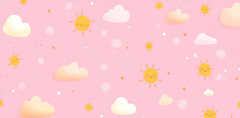 A cheerful pink background featuring smiling suns and fluffy clouds, ideal for playful designs.