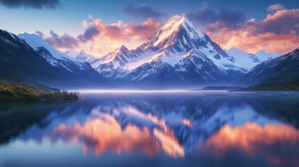 Fototapeta premium Serene sunset reflection over majestic mountain lake in new zealand nature landscape