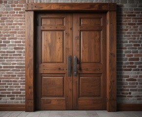 Wooden door with visible wooden hinges and brown stain, wooden surface, hinges, doorway