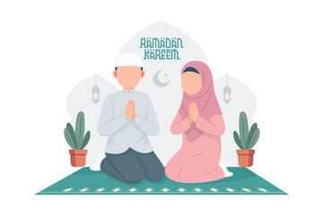 Ramadan kareem greeting card with lettering typography and muslim people