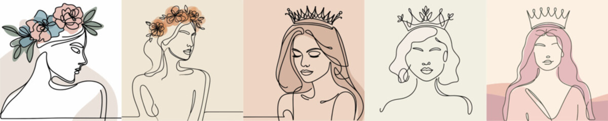 set of vector one line art women with crowns