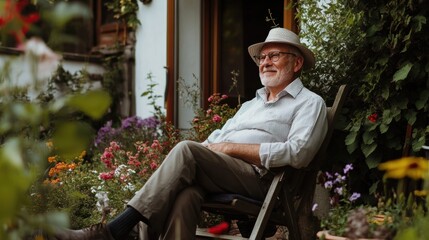 A happy senior man sitting on a patio chair, enjoying the view from his home garden, surrounded by flowers