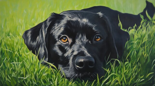 Black Dog Relaxing in Green Grass Under Bright Sunlight