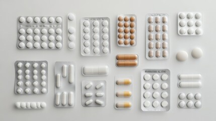 A high-detail shot of various pharmaceutical pills and tablets in their packaging, positioned on a white background, ideal for healthcare presentations