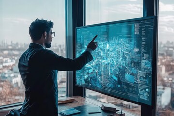 A businessman interacts with a digital display of a cityscape, analyzing data.
