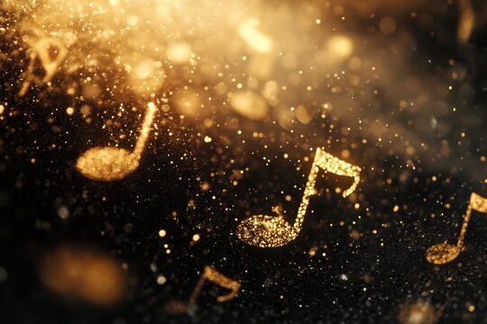 Musical notes formed by floating dust particles, beam lighting, particle detail, with copy space