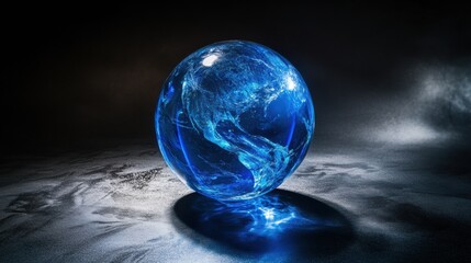 A highly detailed blue glass globe, surrounded by faint light rays, contrasting sharply with the dark background for a modern aesthetic