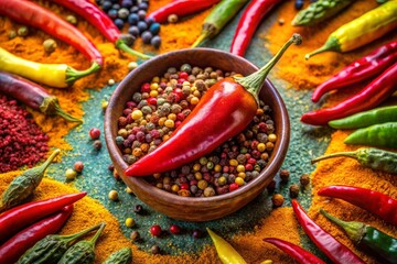 Fototapeta premium Vibrant Red and Green Chili Peppers in Decorative Bowl A Colorful and Spicy Culinary Display