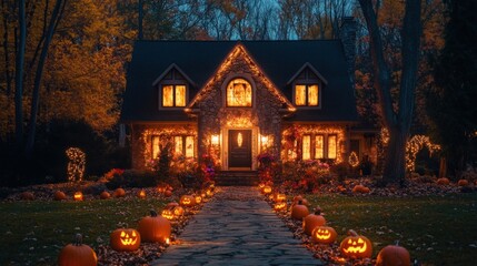 cozy autumn home with halloween decorations and glowing pumpkins