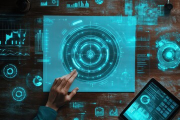 A digital interface displaying data analytics and futuristic graphics on a workspace.