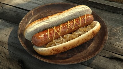 A hot dog with a juicy sausage and sauerkraut, served in a toasted bun on a rustic plate