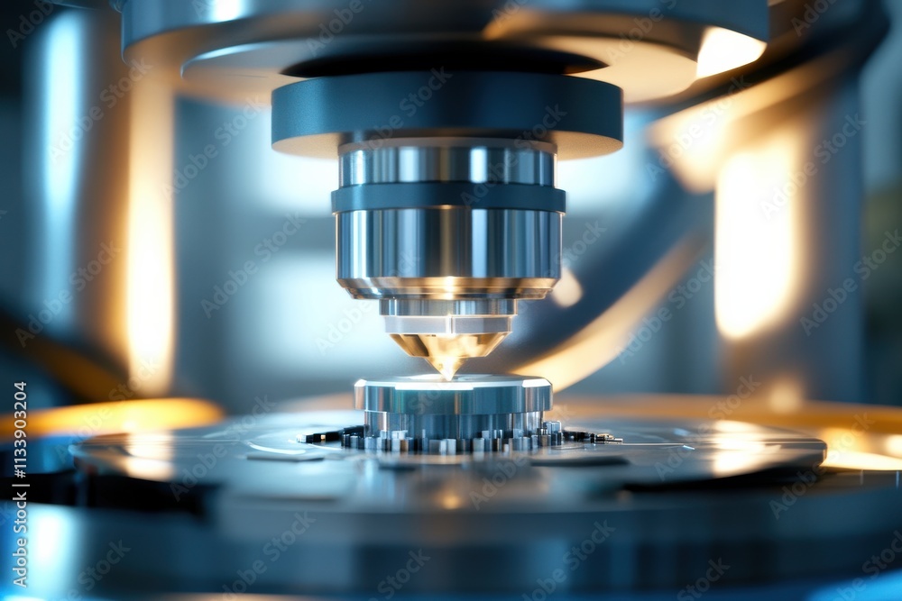 Poster a close-up view of an advanced microscope focusing on an electronic chip in a laboratory setting, il