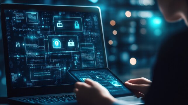 A lawyer presenting data privacy compliance charts to a corporate team, with a holographic screen displaying cybersecurity threats
