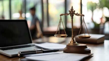 A legal consultant advising a young entrepreneur, with legal documents and a laptop open on the table