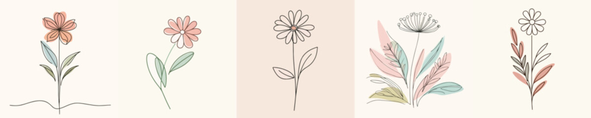 set vector one line art flowers with pastel color