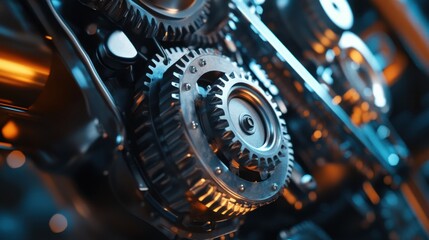 Fototapeta premium Close-Up of Industrial Gears in Motion with Soft Blue Glow