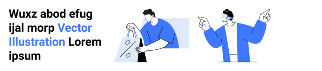 Two people performing different actions one carrying a shopping bag, the other pointing with both hands. Ideal for e-commerce, marketing, online shopping, customer engagement, advertising