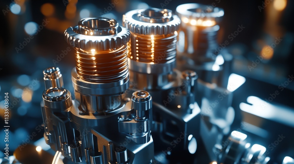 Poster close-up view of precision engine components with bright details