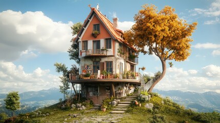 Fototapeta premium A whimsical house perched atop a mountain surrounded by nature