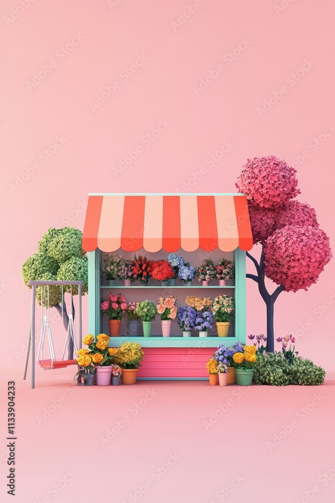 Poster a 3d rendering of a colorful flower shop with a swing set and trees in a pink background.