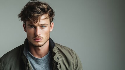 Obraz premium A man with tousled hair and a light stubble, wearing a casual jacket, posing casually against a subtle gray background