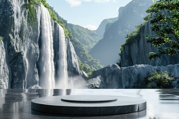 Modern Podium for Product Presentation with Mountain and Waterfall Background