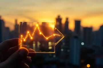 A hand holds a transparent graph overlay against a city skyline at sunset.