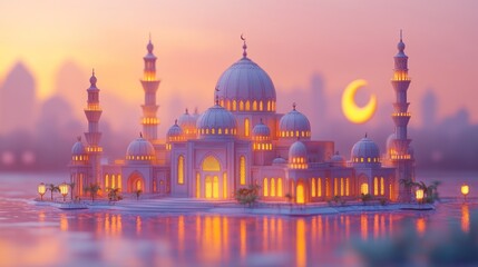 Obraz premium Illuminated mosque at sunset, reflecting on calm water.