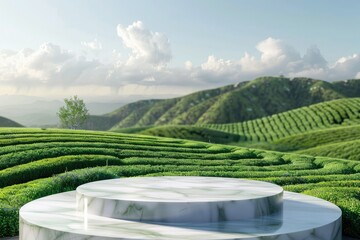 High Quality Image of Modern Podium with Green Tea Field Background