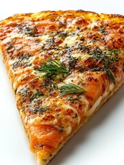 A slice of pizza topped with cheese, herbs, and smoked salmon on a white plate.