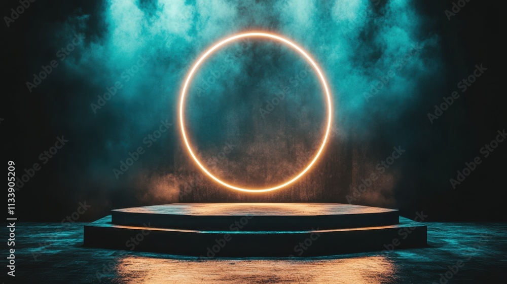 Aufkleber glowing circular light in a misty stage setting for performance art