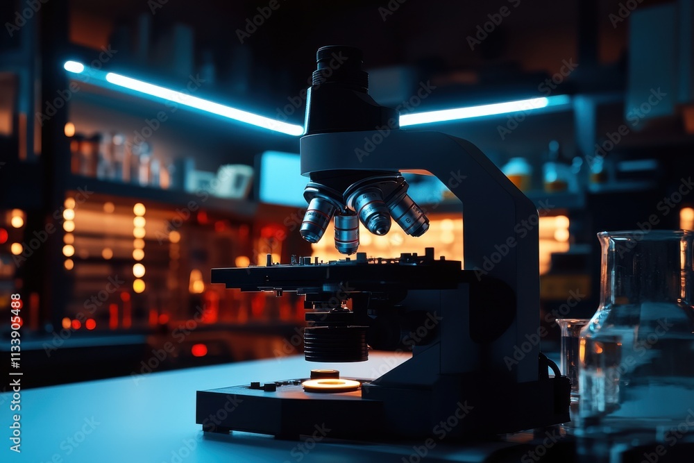 Poster advanced electronic microscope in a modern laboratory environment examining an intelligent chip unde